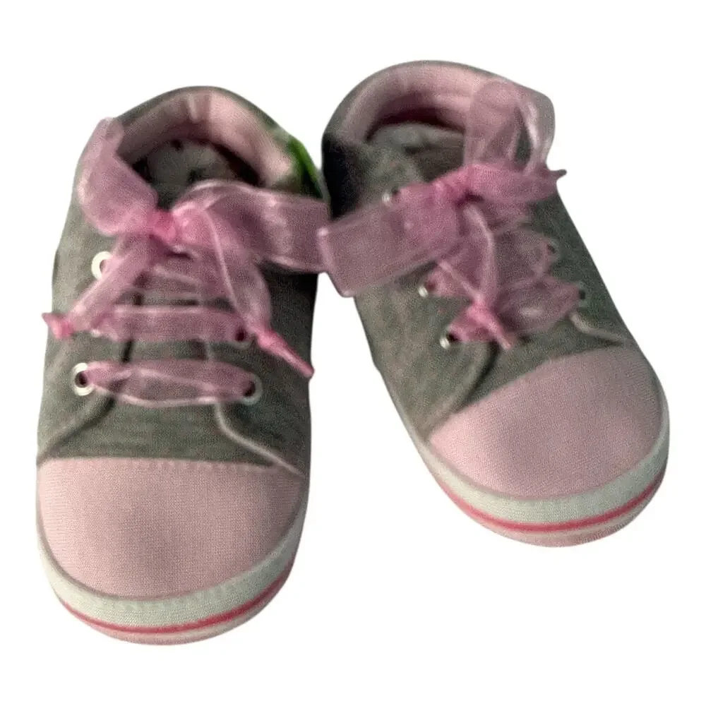 Baby Soft Bottom Shoes Pink Grey Polka Dot Crib Sneakers Size 19 NEW